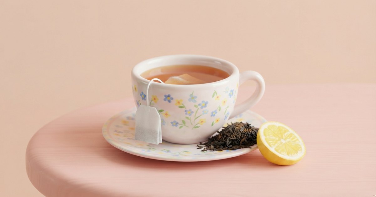 ティーカップとティーバッグ、茶葉を並べた紅茶の種類の違いを示したイラスト