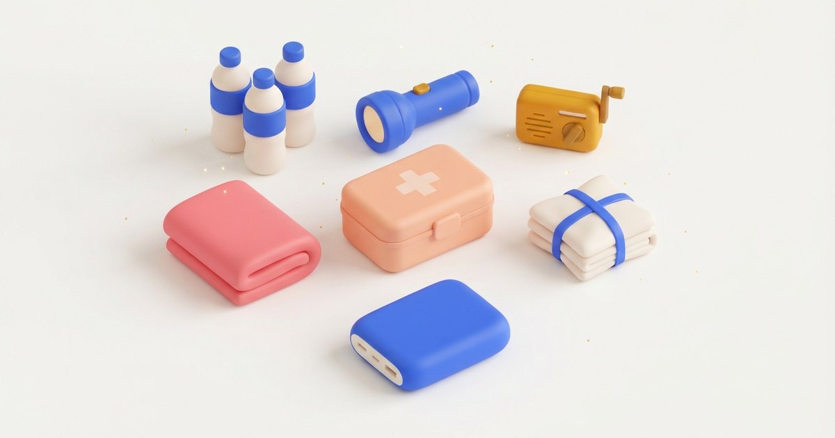 水・懐中電灯・手回しラジオ・救急箱・毛布・携帯トイレ・モバイルバッテリーが整理して並べられた防災グッズのイラスト