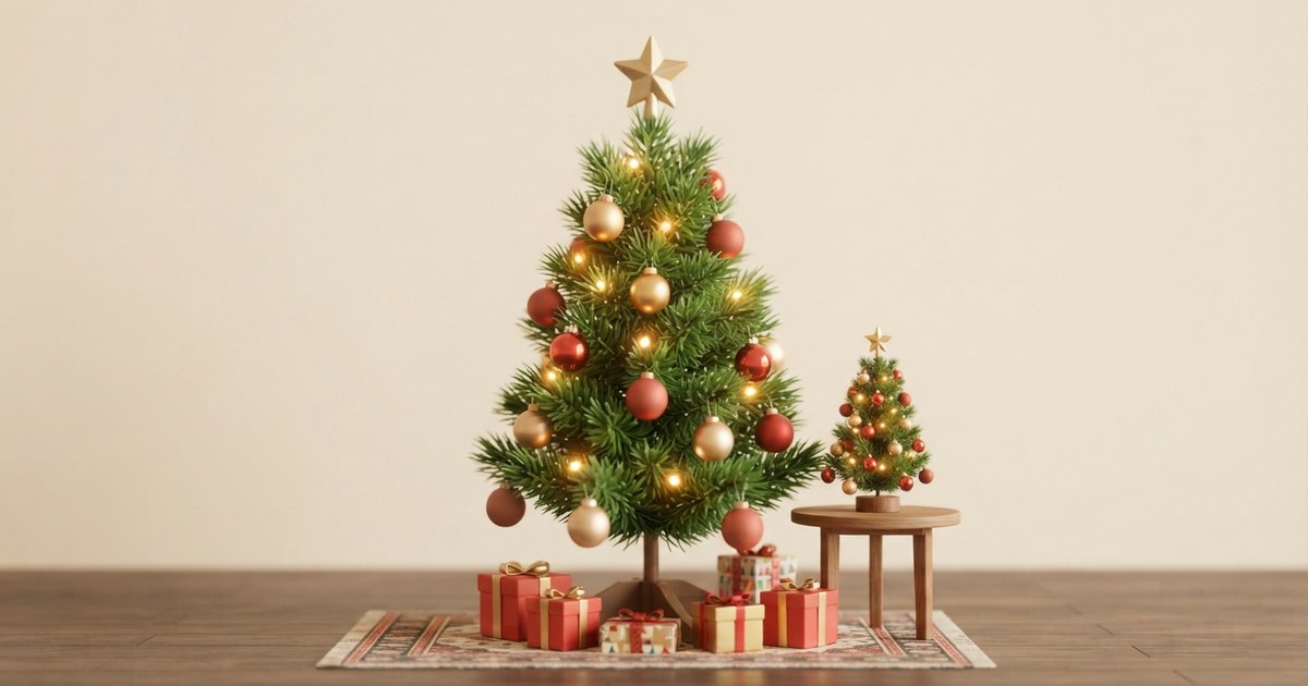 リビングに置いたクリスマスツリーの高さとオーナメント・ライトの有無の違いを示したイラスト