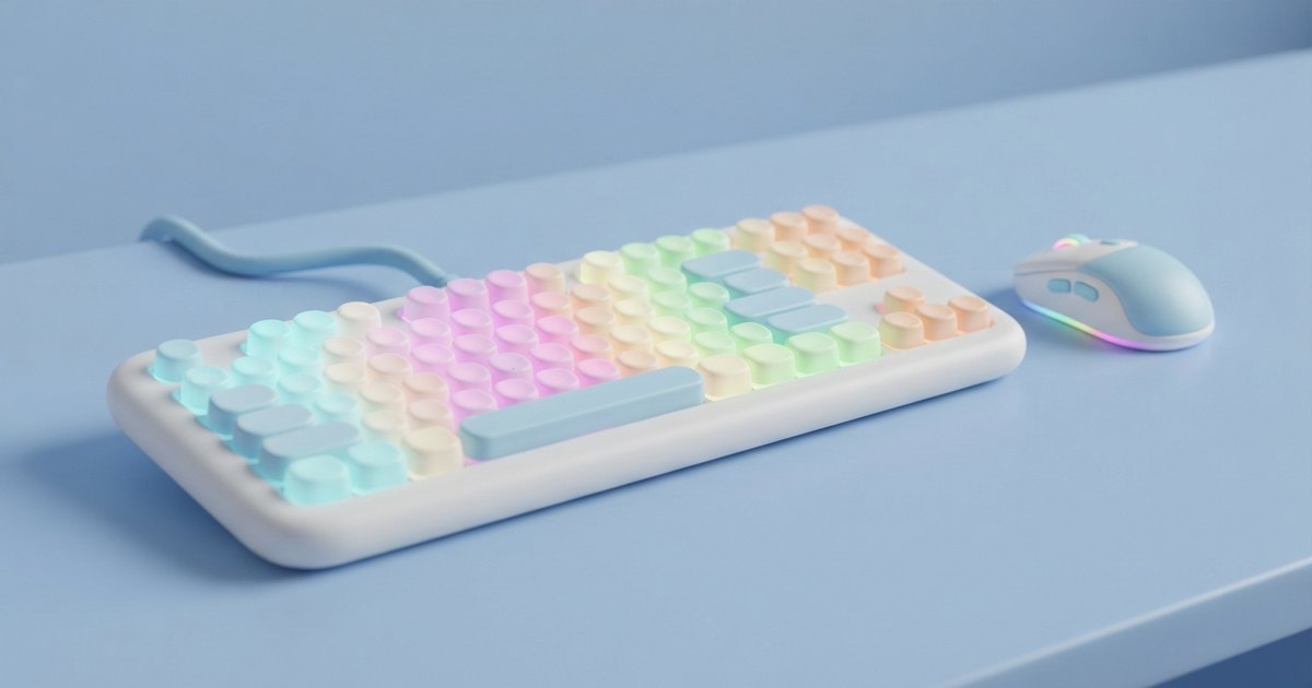 デスクに置いたゲーミングキーボードとマウスのイメージ。サイズやスイッチの違いを示したイラスト