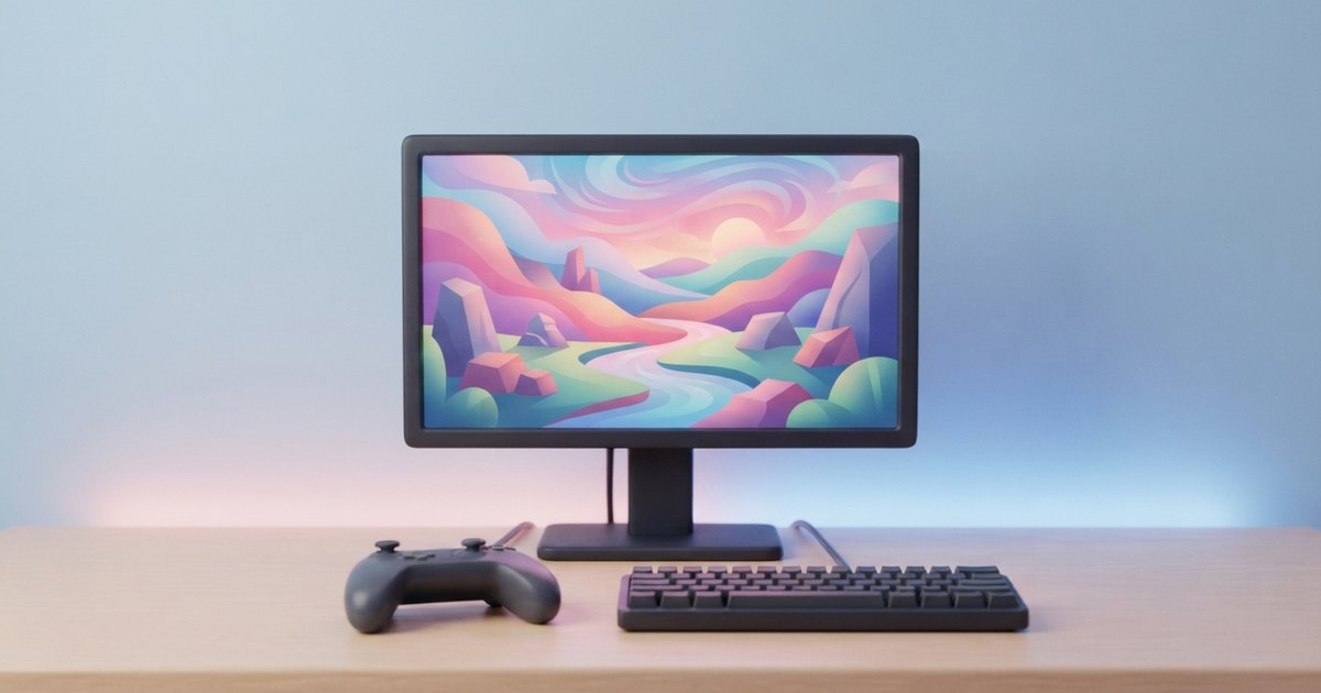 デスクに置いたゲーミングモニターのサイズ・解像度・リフレッシュレートの違いを示したイラスト
