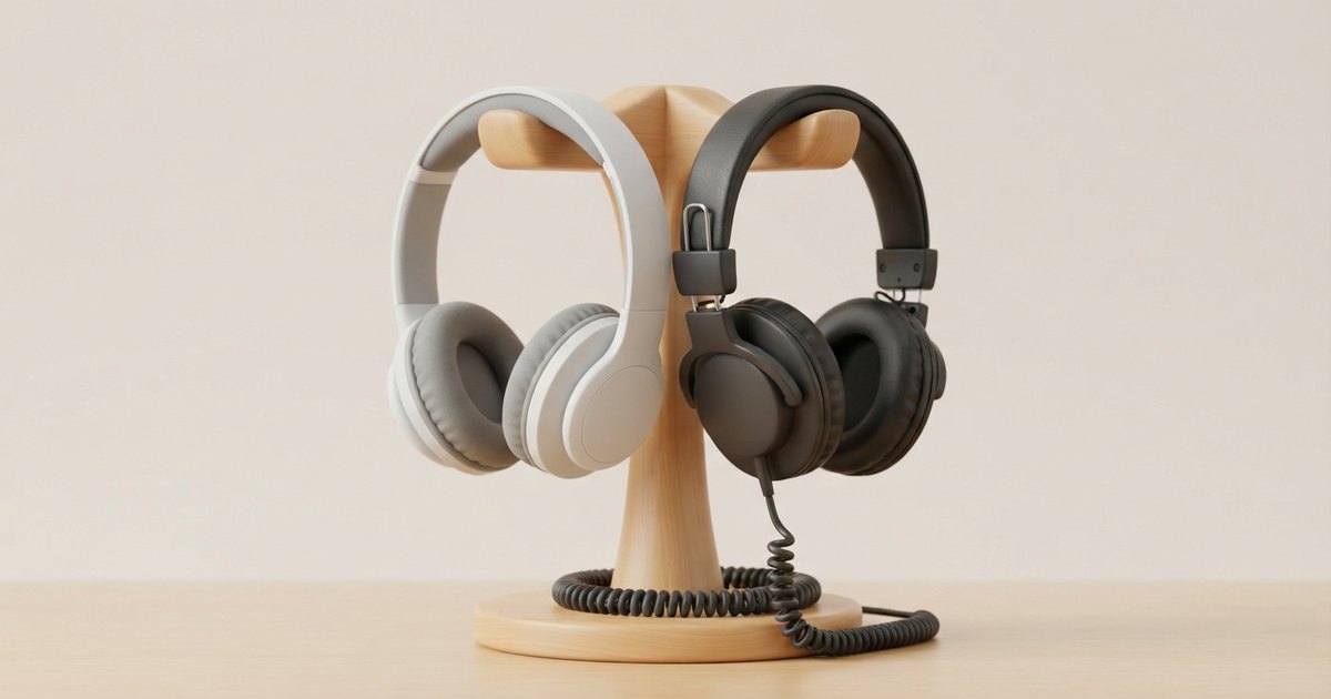通勤用のワイヤレスヘッドホンと音楽制作用の有線モニターヘッドホンを並べて用途の違いを示したイラスト