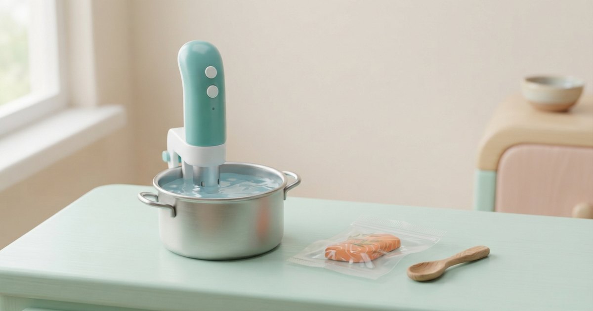 鍋に取り付けて水温を保つスティック型の低温調理器と、調理用の袋を並べたイメージ