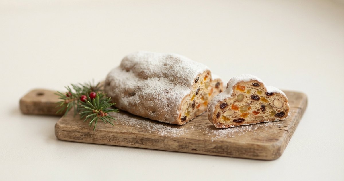 クリスマスのテーブルに置かれた、薄く切り分けたシュトーレン